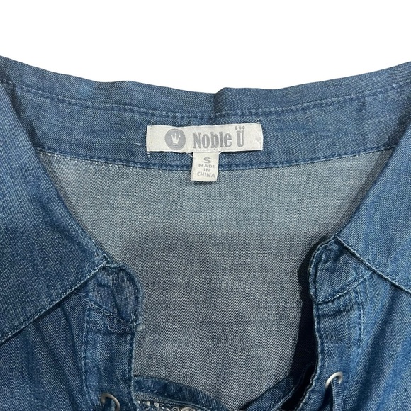 Noble U Lace Up Long Sleeve Collard Chambray Top Blouse Dark Blue Size Small - Picture 10 of 10